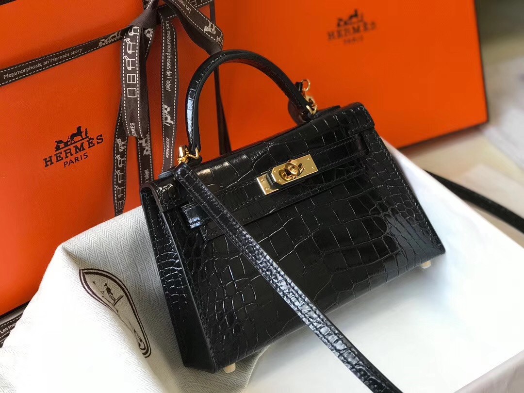 Hermes Kelly Mini II Bag In Black Crocodile Embossed Leather