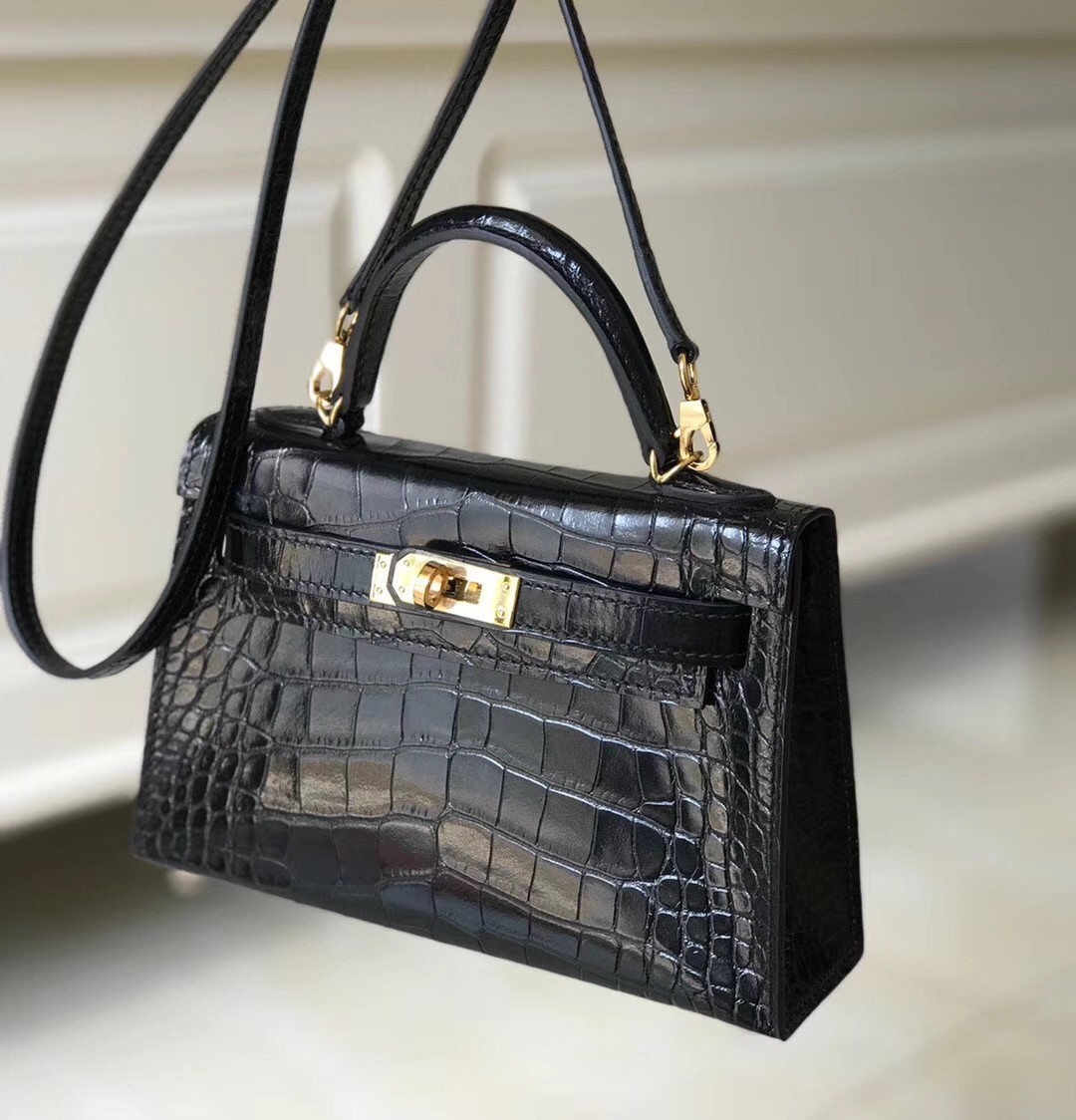 Hermes Kelly Mini II Bag In Black Crocodile Embossed Leather