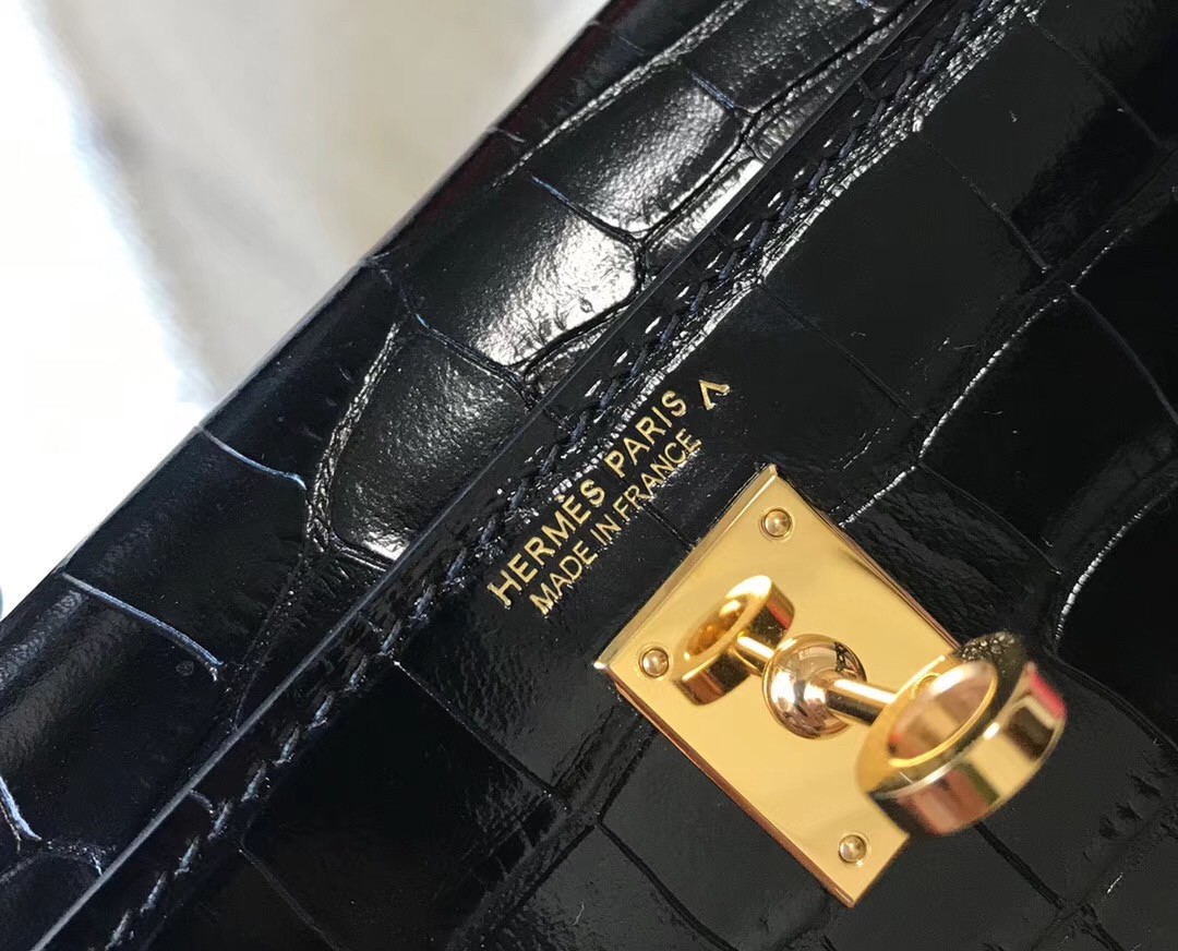 Hermes Kelly Mini II Bag In Black Crocodile Embossed Leather