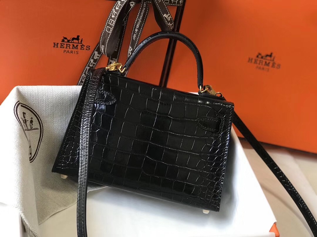 Hermes Kelly Mini II Bag In Black Crocodile Embossed Leather