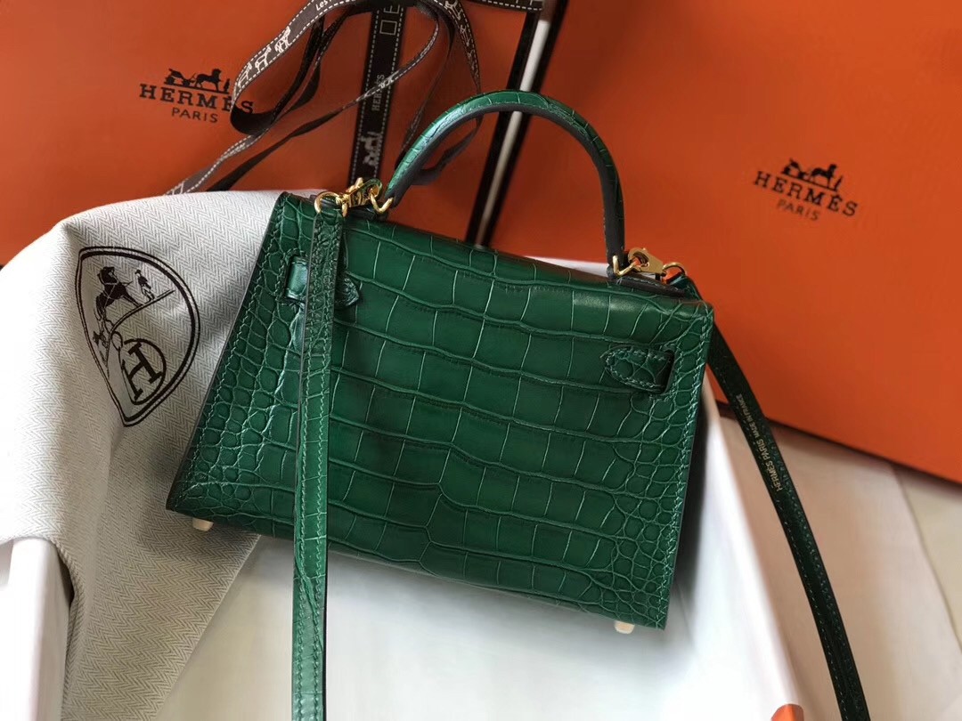 Hermes Kelly Mini II Bag In Green Crocodile Embossed Leather