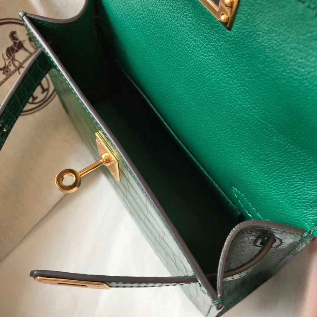 Hermes Kelly Mini II Bag In Green Crocodile Embossed Leather