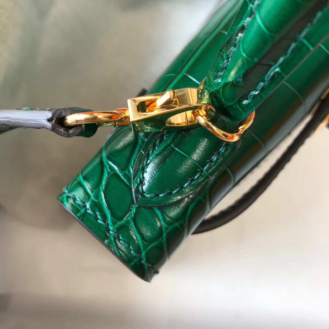 Hermes Kelly Mini II Bag In Green Crocodile Embossed Leather