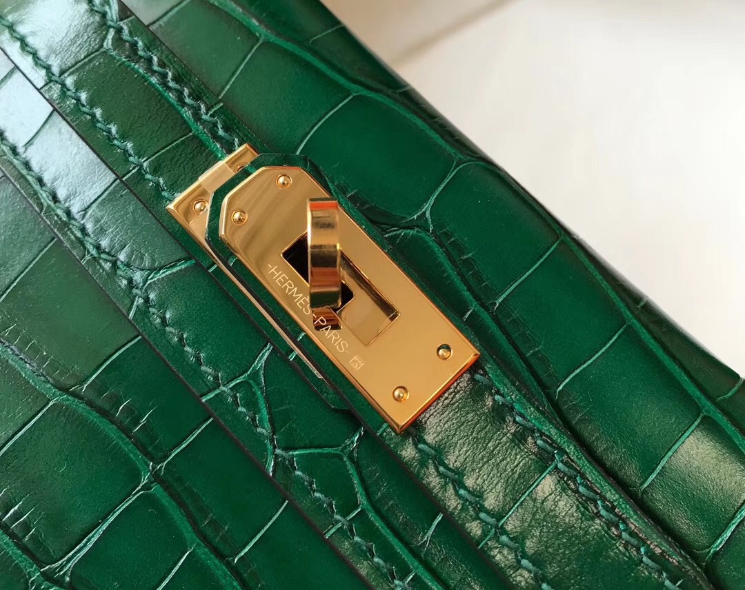 Hermes Kelly Mini II Bag In Green Crocodile Embossed Leather