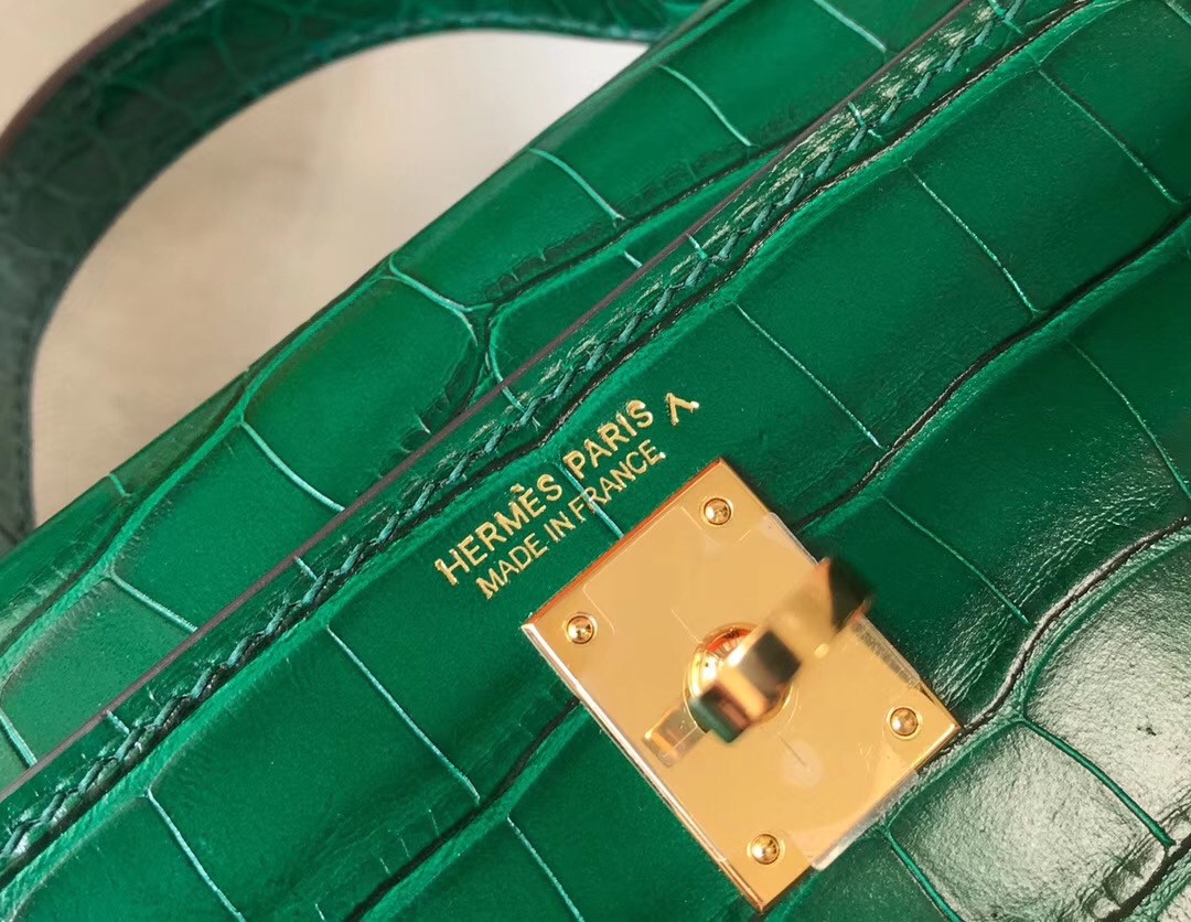 Hermes Kelly Mini II Bag In Green Crocodile Embossed Leather