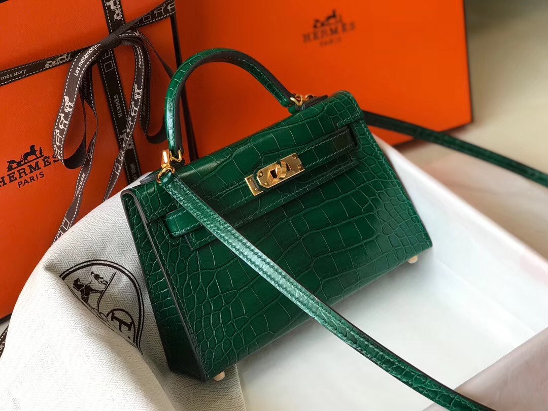 Hermes Kelly Mini II Bag In Green Crocodile Embossed Leather