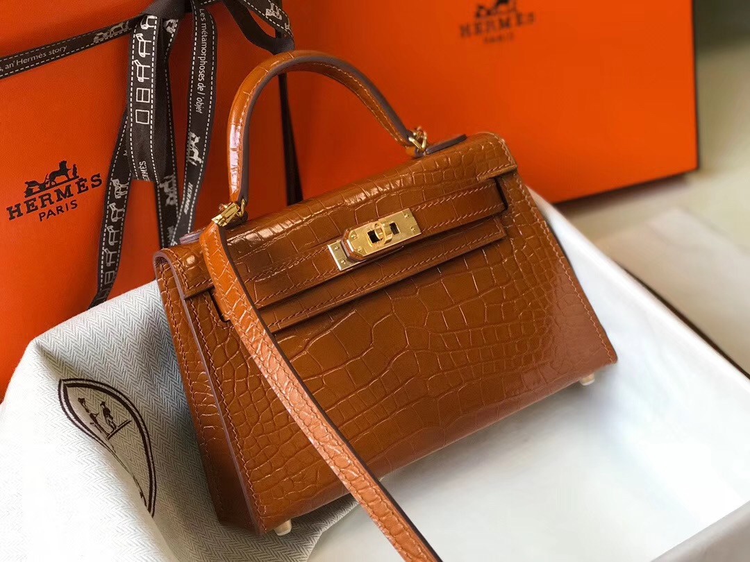 Hermes Kelly Mini II Bag In Brown Crocodile Embossed Leather