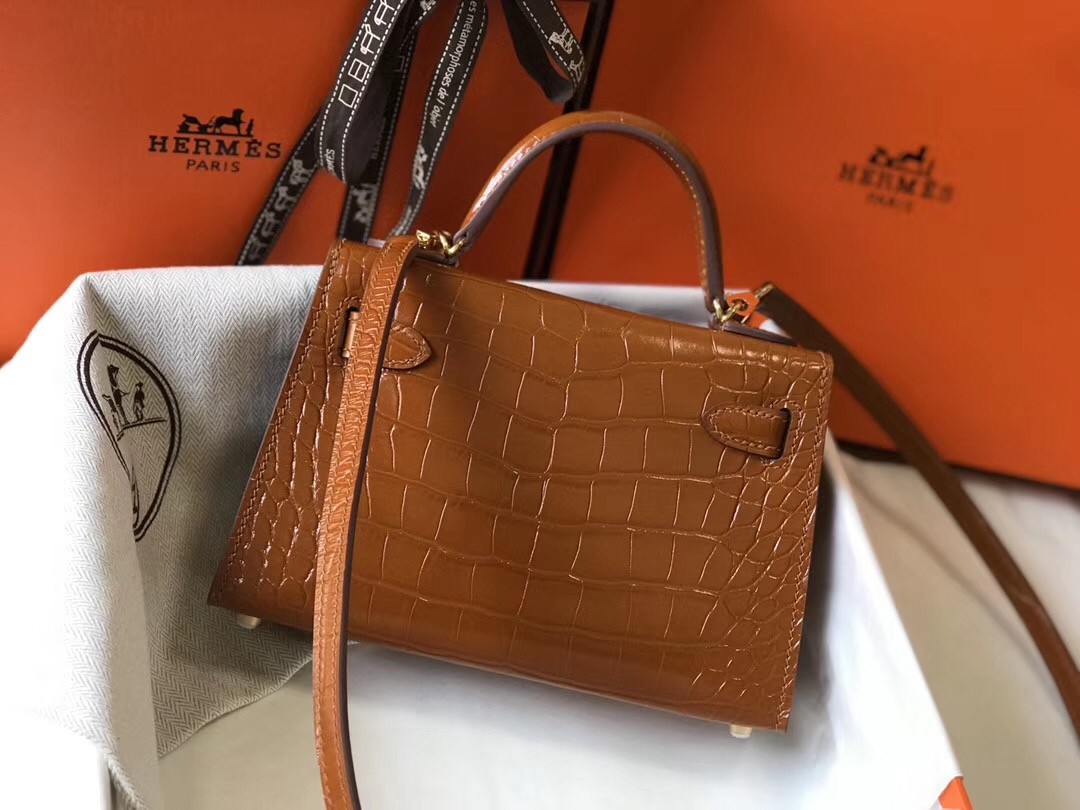 Hermes Kelly Mini II Bag In Brown Crocodile Embossed Leather