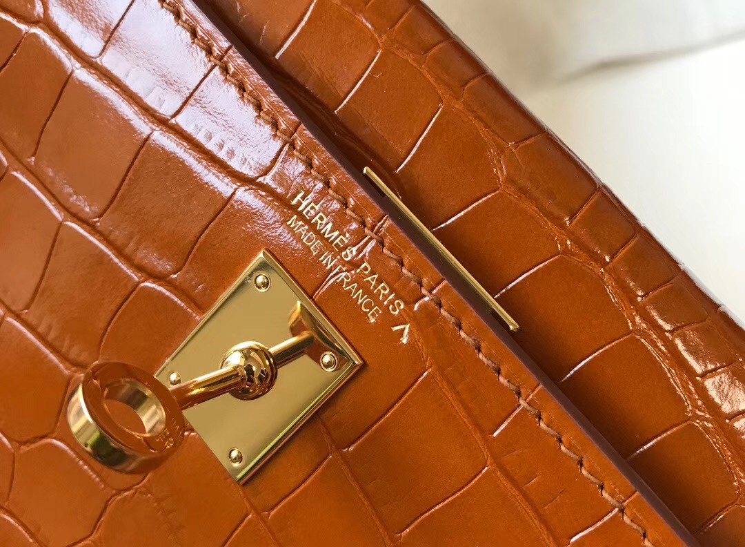 Hermes Kelly Mini II Bag In Brown Crocodile Embossed Leather