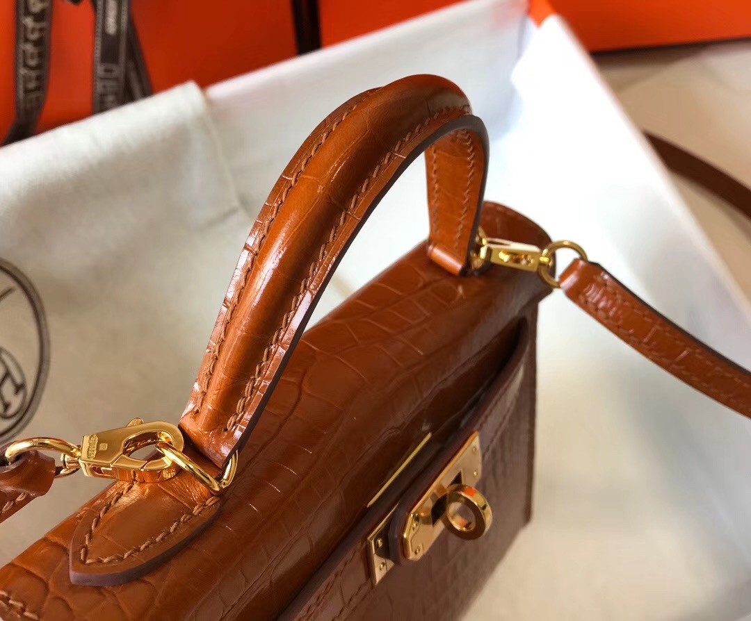 Hermes Kelly Mini II Bag In Brown Crocodile Embossed Leather