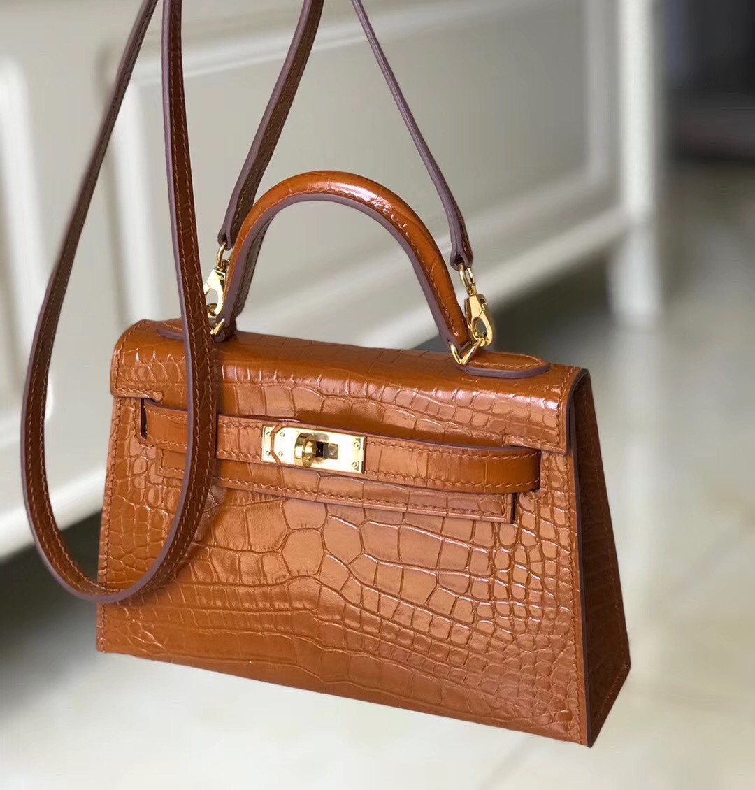 Hermes Kelly Mini II Bag In Brown Crocodile Embossed Leather