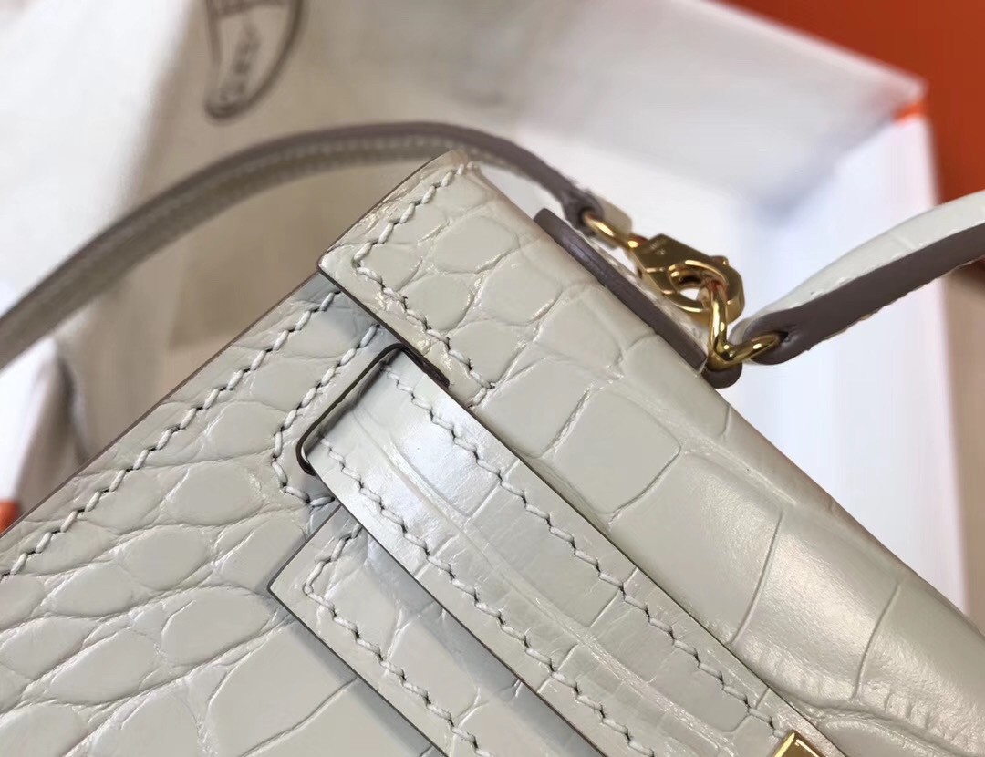 Hermes Kelly Mini II Bag In Beton Crocodile Embossed Leather