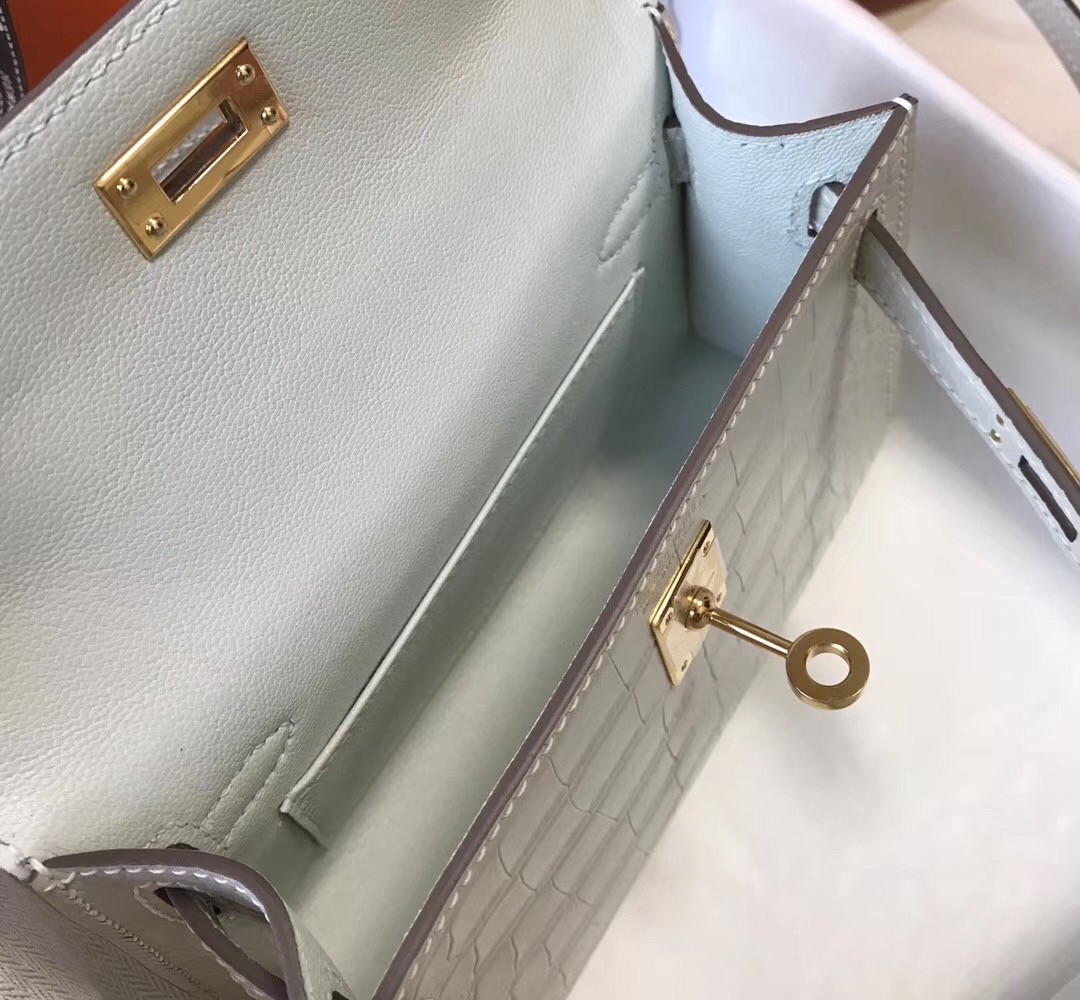 Hermes Kelly Mini II Bag In Beton Crocodile Embossed Leather