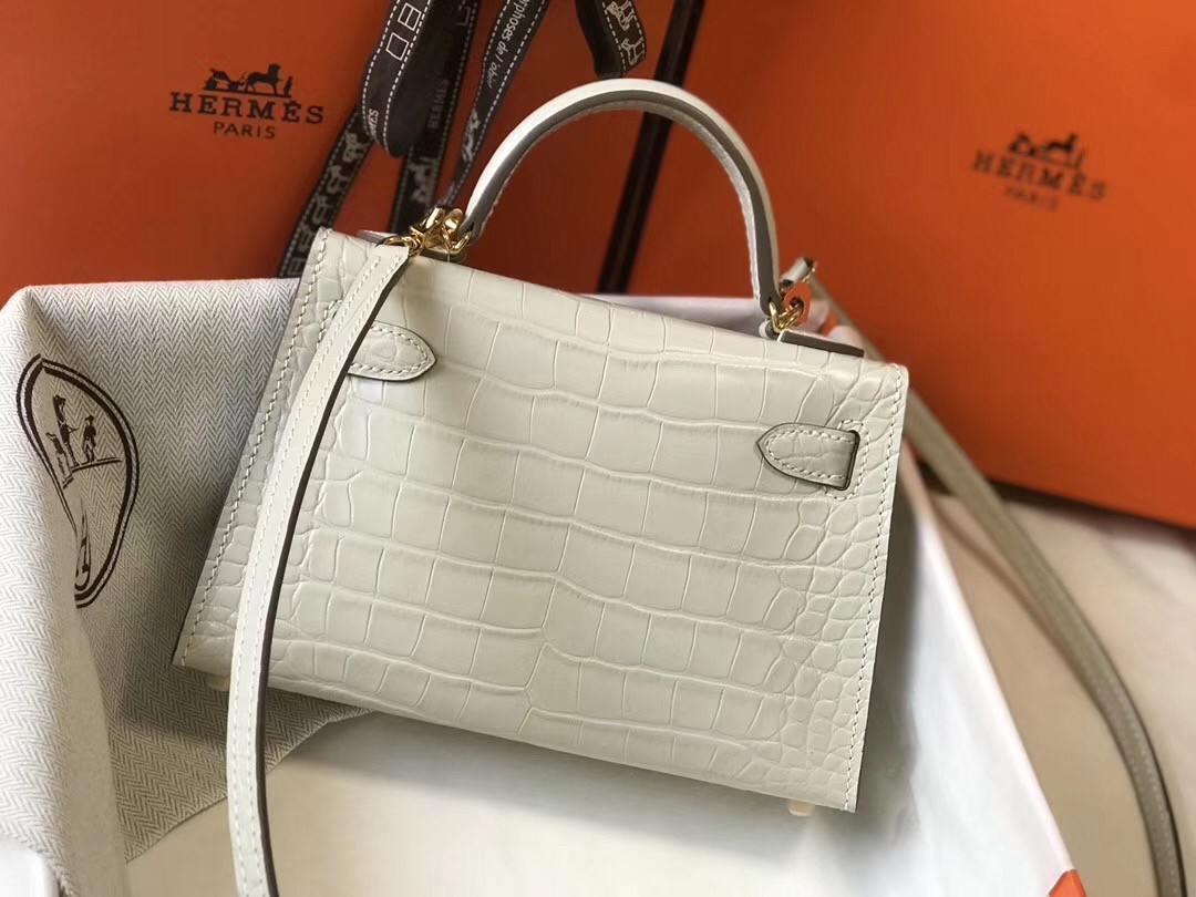 Hermes Kelly Mini II Bag In Beton Crocodile Embossed Leather