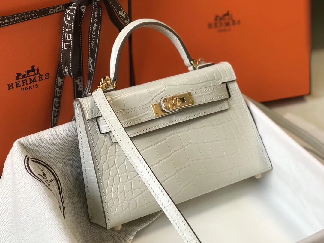 Hermes Kelly Mini II Bag In Beton Crocodile Embossed Leather