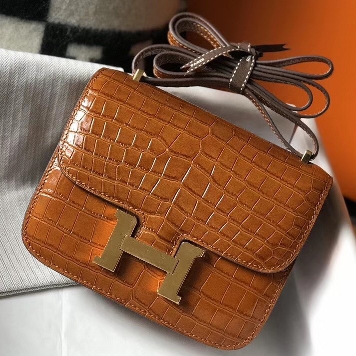 Hermes Constance 18cm Bag In Brown Embossed Crocodile