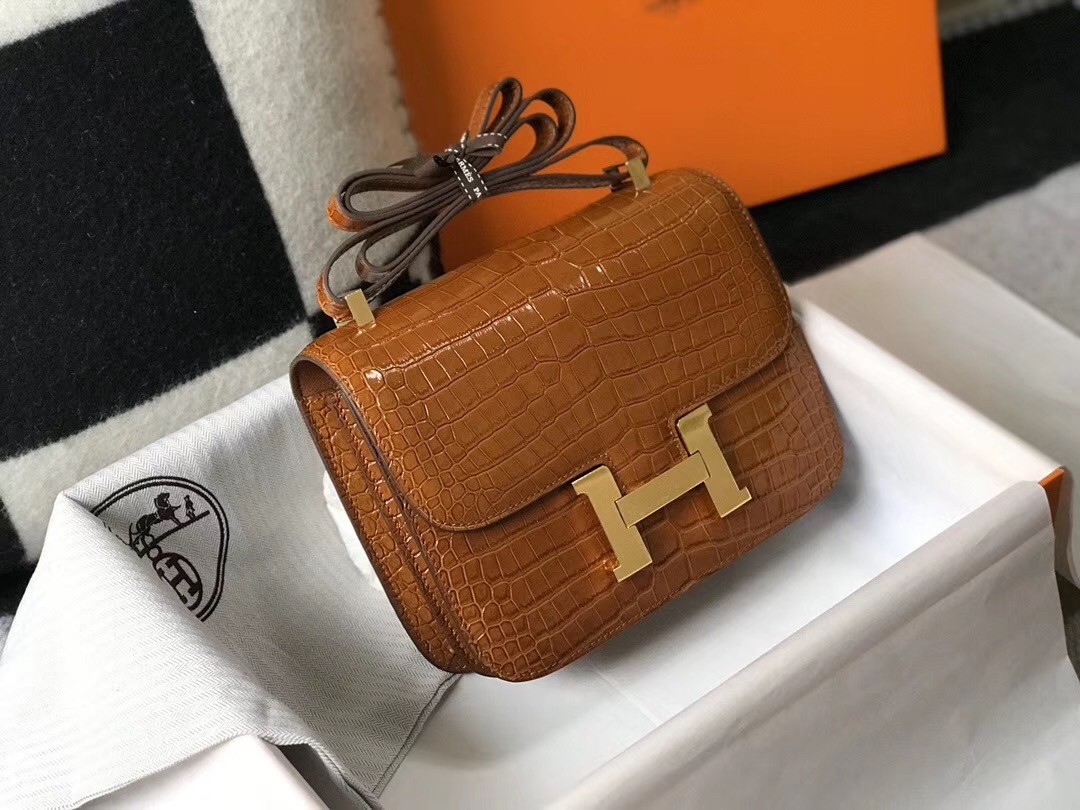 Hermes Constance 18cm Bag In Brown Embossed Crocodile