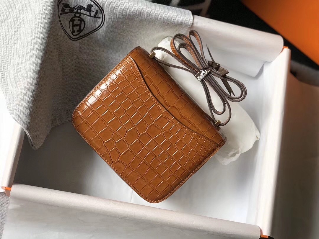 Hermes Constance 18cm Bag In Brown Embossed Crocodile