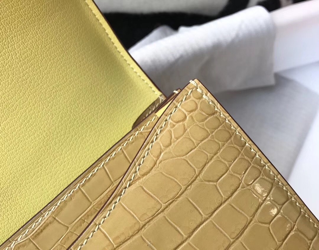 Hermes Constance 18cm Bag In Jaune Poussin Embossed Crocodile