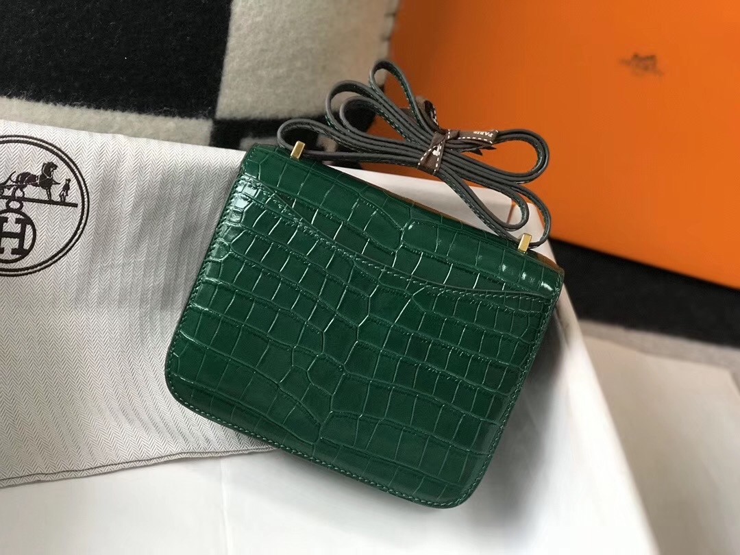 Hermes Constance 18cm Bag In Green Embossed Crocodile