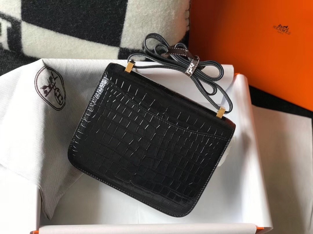 Hermes Constance 18cm Bag In Black Embossed Crocodile