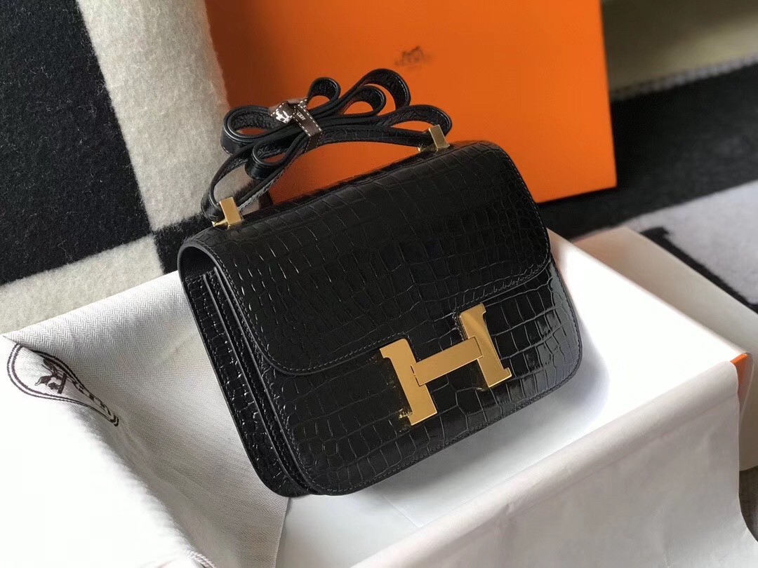 Hermes Constance 18cm Bag In Black Embossed Crocodile