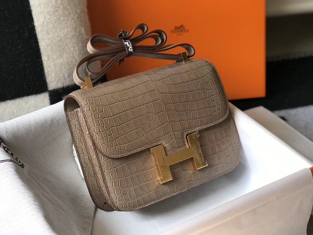 Hermes Constance 18cm Bag In Taupe Embossed Crocodile