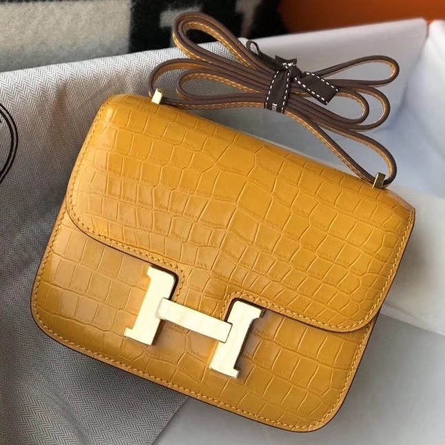 Hermes Constance 18cm Bag In Yellow Embossed Crocodile