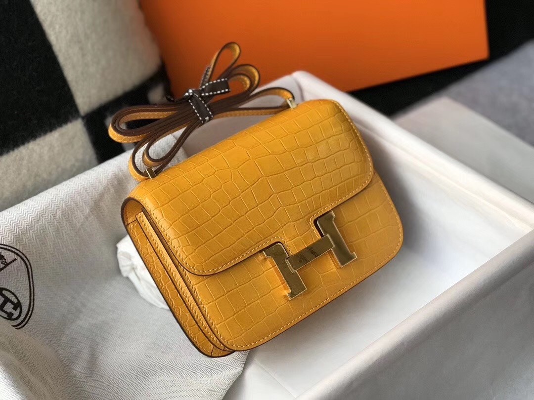 Hermes Constance 18cm Bag In Yellow Embossed Crocodile