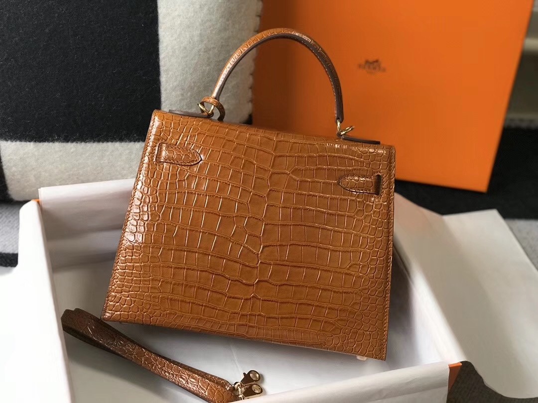 Hermes Kelly 28cm Bag In Brown Embossed Crocodile GHW