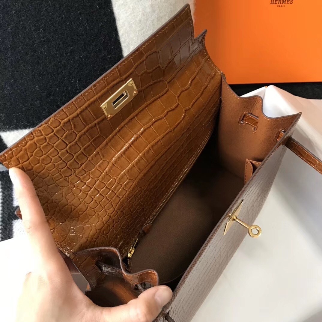 Hermes Kelly 28cm Bag In Brown Embossed Crocodile GHW