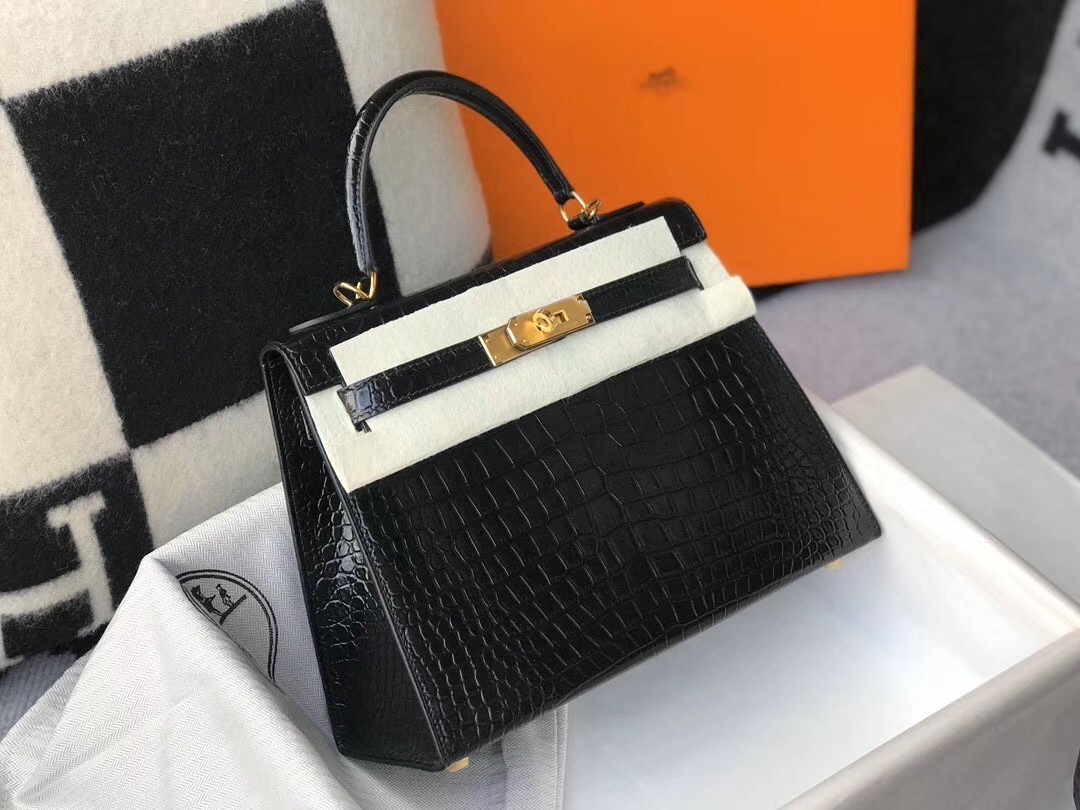 Hermes Kelly 28cm Bag In Black Embossed Crocodile GHW