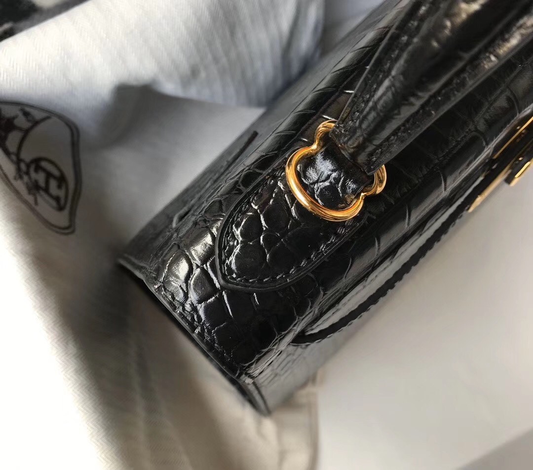 Hermes Kelly 28cm Bag In Black Embossed Crocodile GHW