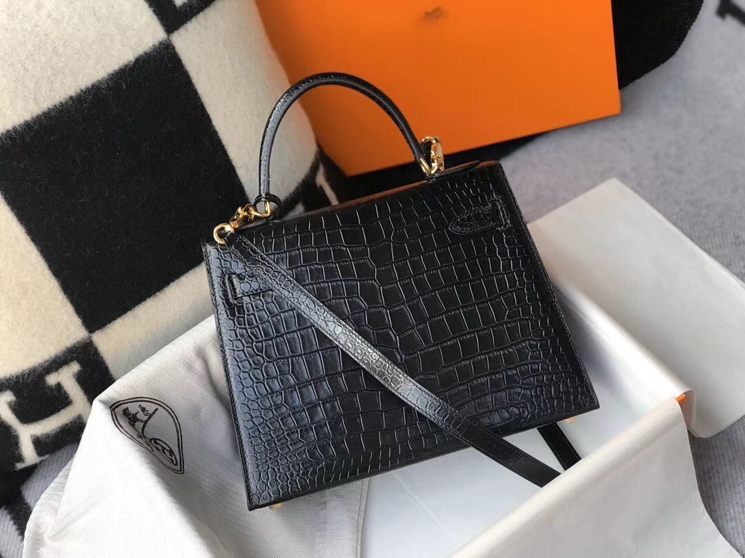 Hermes Kelly 28cm Bag In Black Embossed Crocodile GHW