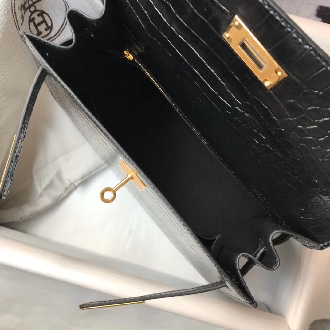 Hermes Kelly 28cm Bag In Black Embossed Crocodile GHW