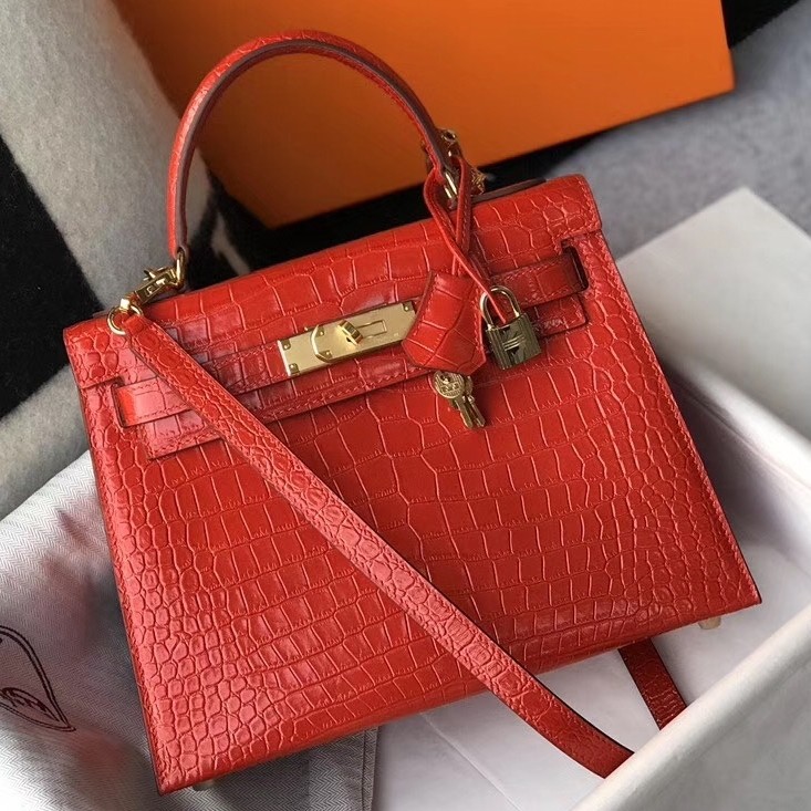 Hermes Kelly 28cm Bag In Red Embossed Crocodile GHW