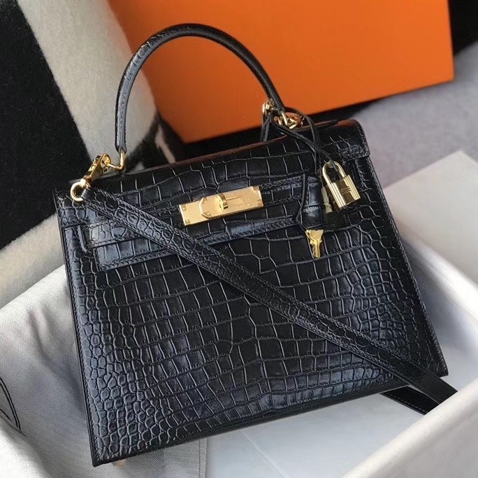 Hermes Kelly 25cm Bag In Black Embossed Crocodile