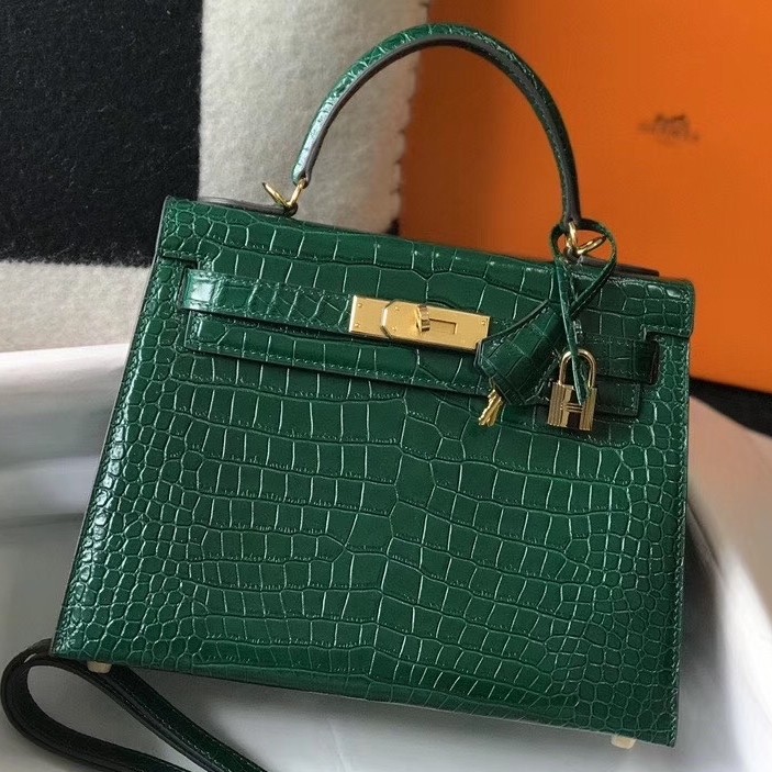 Hermes Kelly 25cm Bag In Green Embossed Crocodile