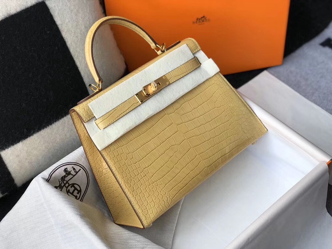 Hermes Kelly 25cm Bag In Jaune Poussin Embossed Crocodile