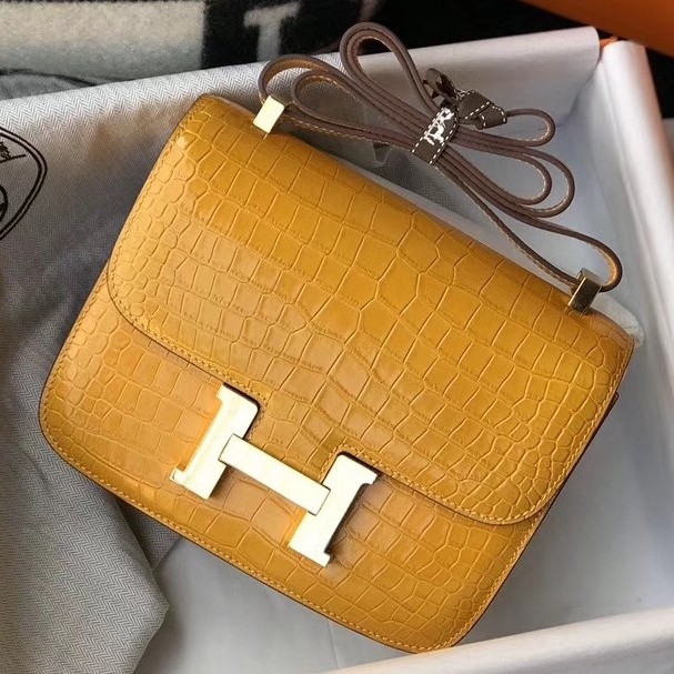 Hermes Constance 24cm Bag In Yellow Embossed Crocodile