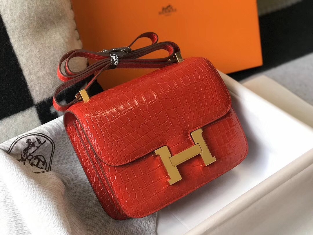 Hermes Constance 24cm Bag In Red Embossed Crocodile