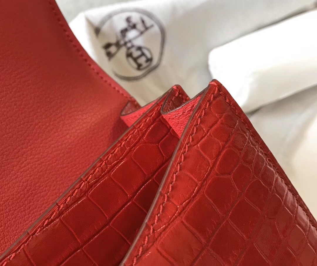 Hermes Constance 24cm Bag In Red Embossed Crocodile