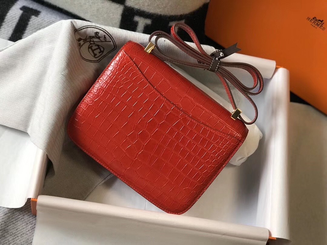 Hermes Constance 24cm Bag In Red Embossed Crocodile