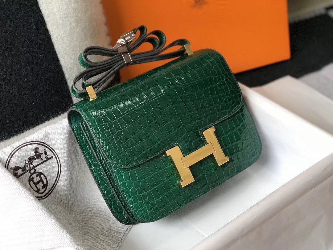 Hermes Constance 24cm Bag In Green Embossed Crocodile