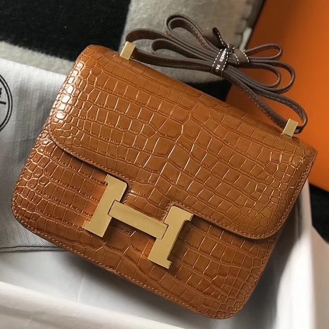 Hermes Constance 24cm Bag In Brown Embossed Crocodile