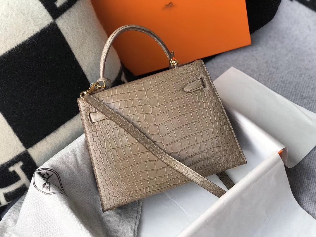 Hermes Kelly 25cm Bag In Taupe Embossed Crocodile