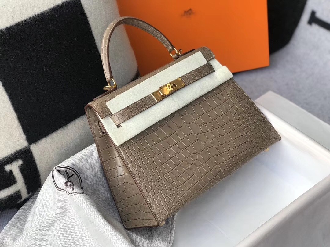 Hermes Kelly 25cm Bag In Taupe Embossed Crocodile