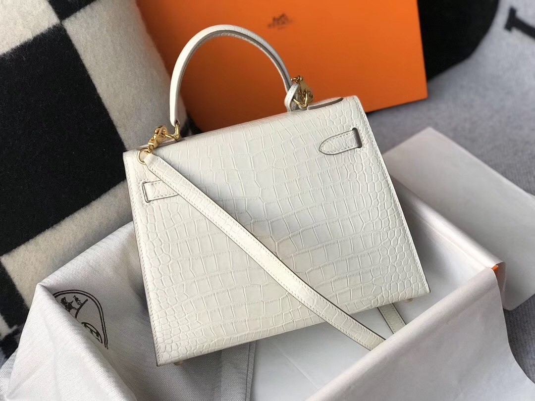 Hermes Kelly 25cm Bag In White Embossed Crocodile