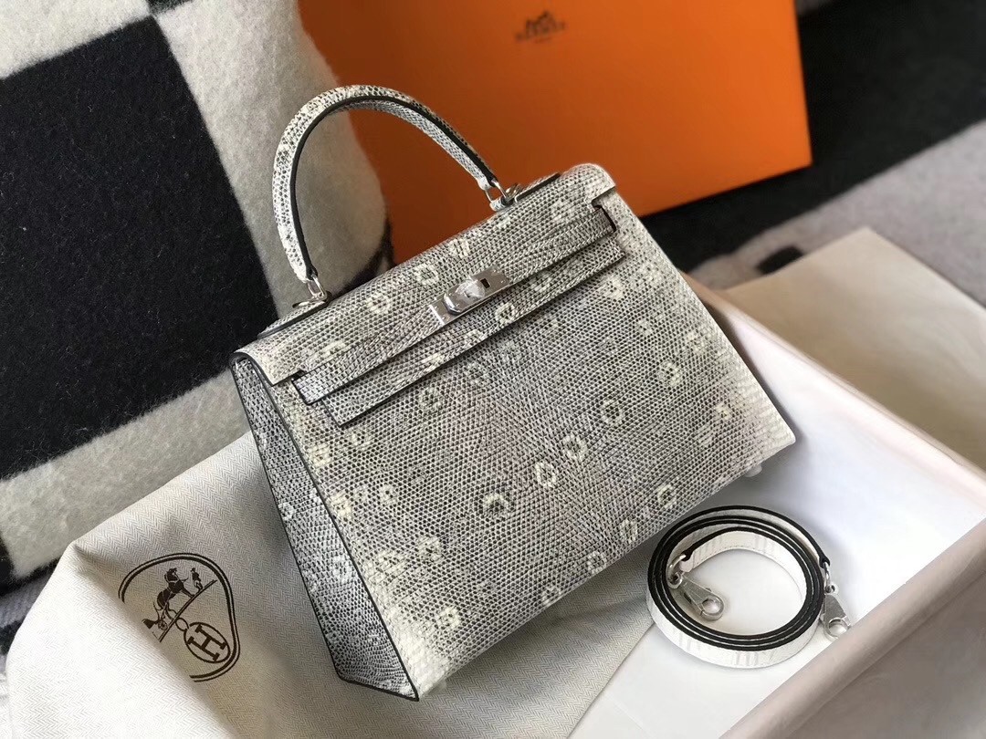 Hermes Kelly 25cm Bag In Ombre Embossed Natural Lizard