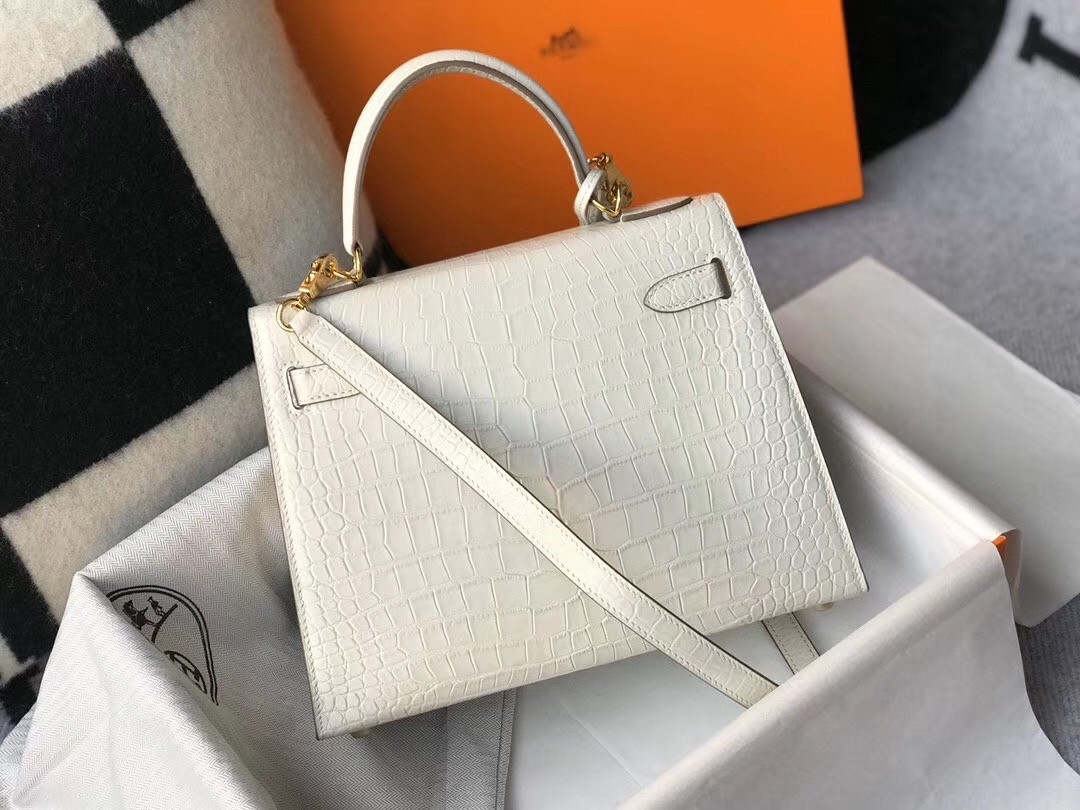 Hermes Kelly 28cm Bag In White Embossed Crocodile GHW